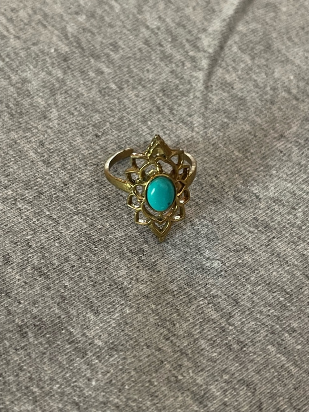 Gold Floral Teardrop Ring with Turquoise Cabochon - Women Jewelry